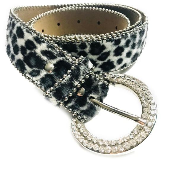 Accessories - Jeweled Fuzzy Leopard Print Leather Belt
